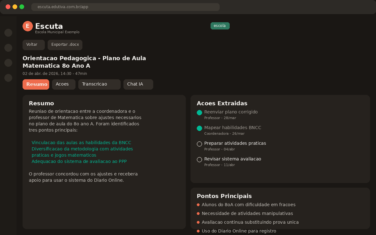 Interface do Escuta mostrando análise de reunião escolar com IA: resumo, ações e responsáveis extraídos automaticamente
